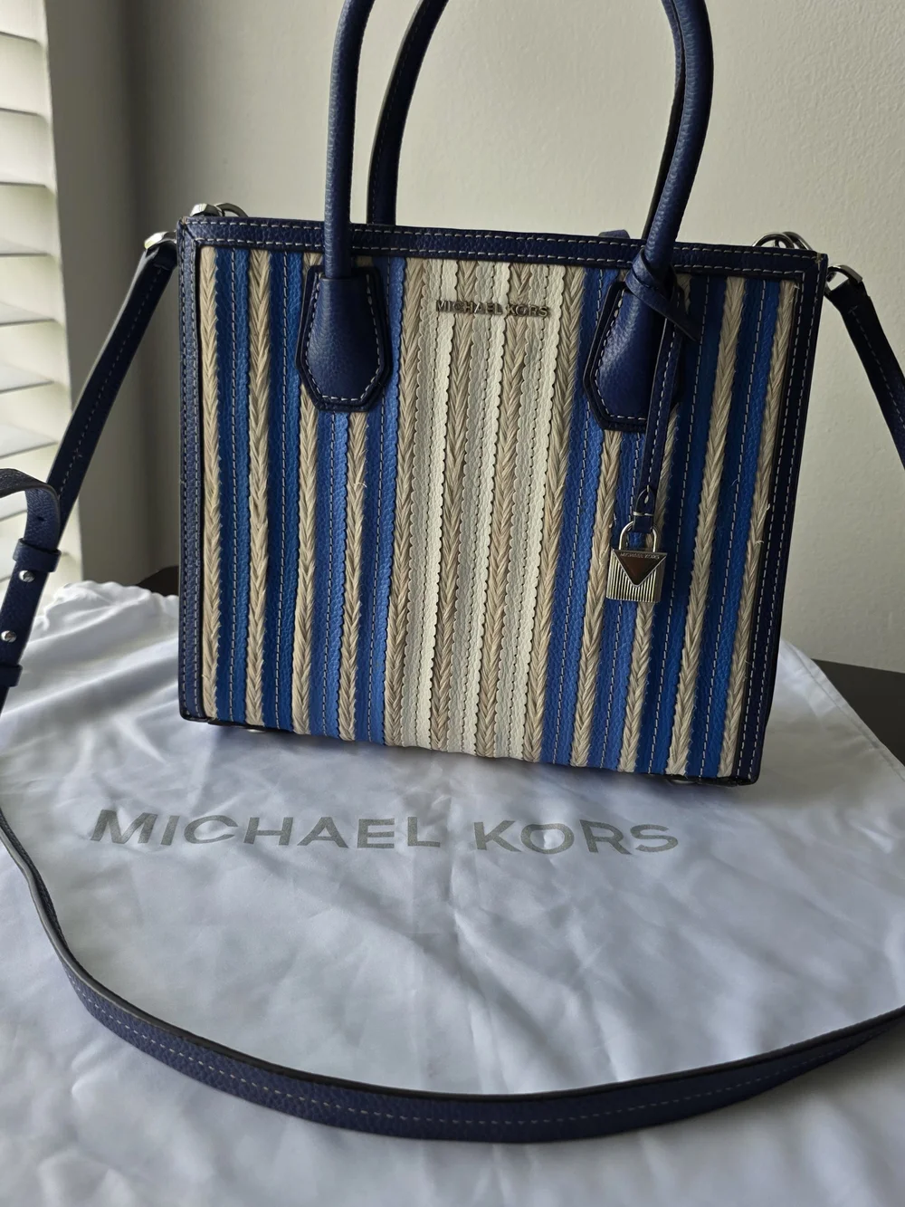 Michael Kors Blue and Cream Striped Satchel